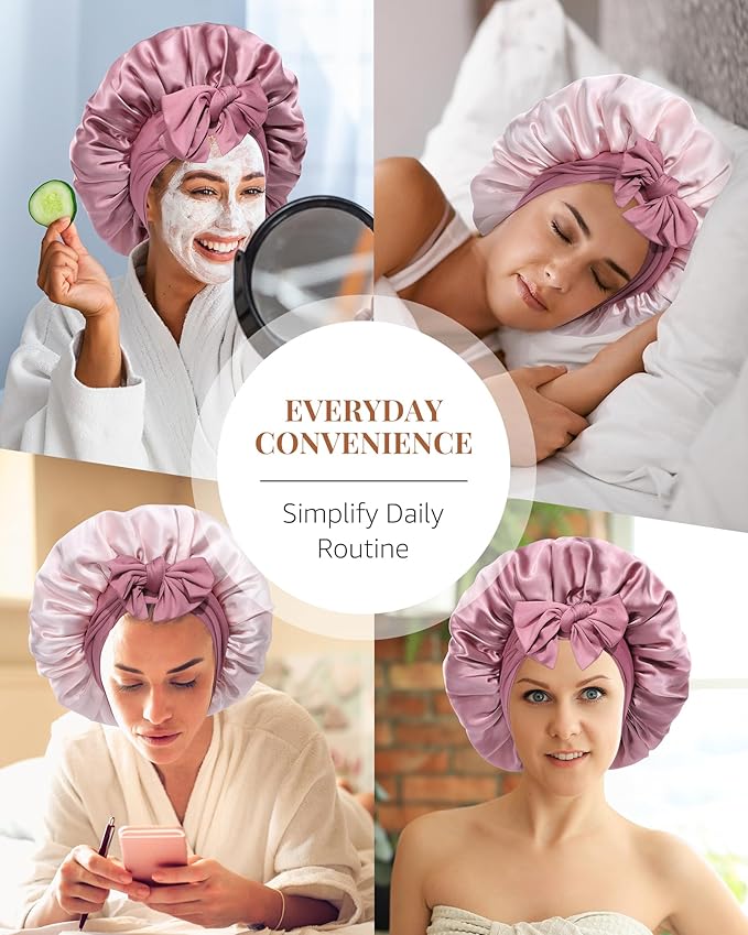 AWAYTR Silk Bonnet for Sleeping Women 100% Mulberry Silk Bonnet with Band 2 Layer Reversible Hair Bonnet Sleeping Hair Wrap (Silk, Dust rose/Pink)
