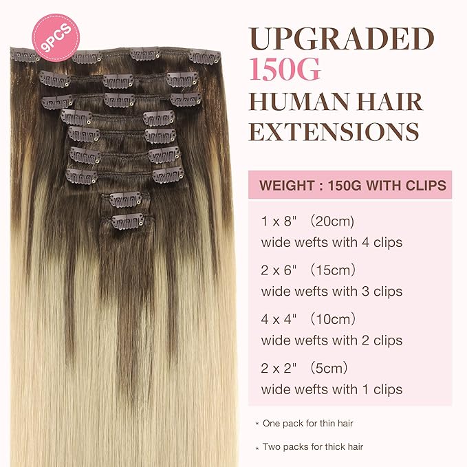 GOO GOO Clip in Hair Extensions Real Human Hair, Remy Human Hair Extensions Clip ins for Women, Natural Human Hair, 22inch 150g 9Pcs, 4/18 Balayage Chocolate Brown Highlighted Dirty Blonde