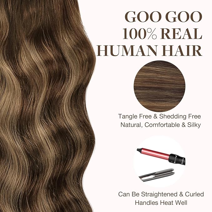 GOO GOO Tape in Hair Extensions Human Hair, 4/27/4 Balayage Chocolate Brown to Caramel Blonde, 22inch 50g 20pcs, Thick Ends Straight Seamless, Invisible