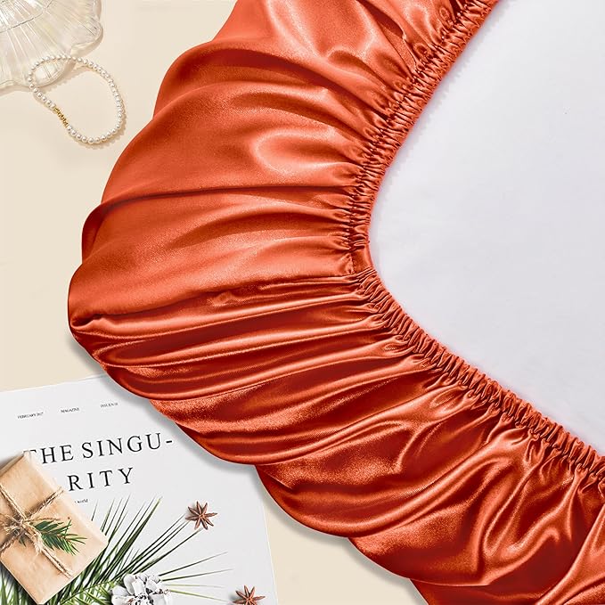 Manyshofu Satin Pillowcases for Hair Protection - 2Pcs Burnt Orange Pillow Cases, Elastic Band Standard & Queen Satin Pillowcases Luxury Silky Pillow Cases Travel Pillow Covers