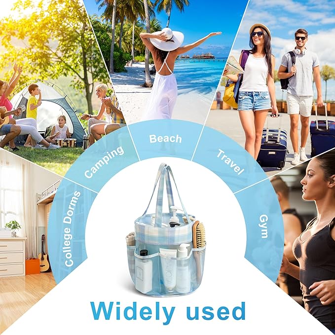 Mesh Shower Caddy Portable, Bathroom Caddy Organizer for College Dorm Essentials, Hanging Shower Tote Bag with 7 Pockets for Beach, Swimming, Gym camping Blue Checkered
