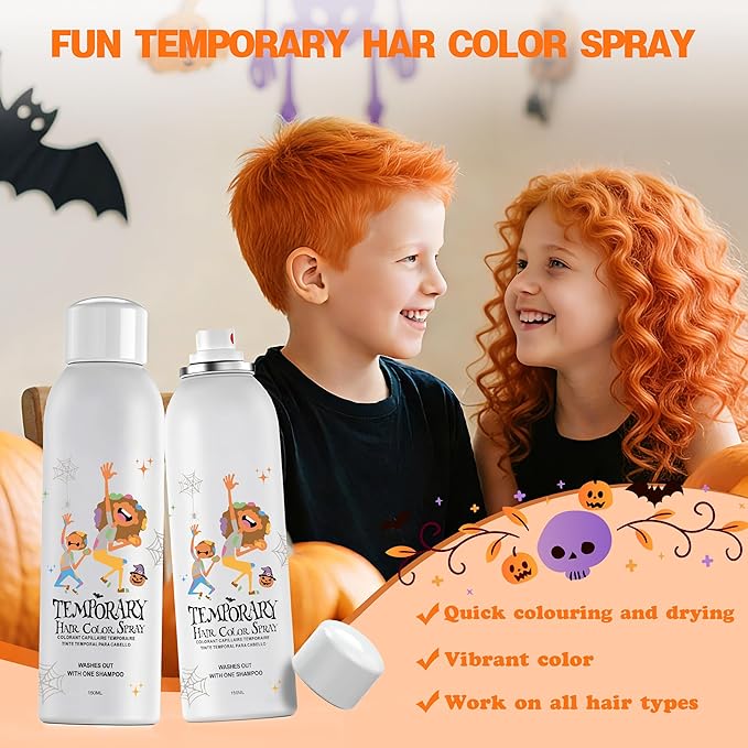 Orange Temporary Hair Color Spray for Kids, Silver Instant Colored Hair Dye Alternative for Boys Girls Teens Men Women, Quick Styling for Party Christmas Halloween, Disposable Washable, 150ml