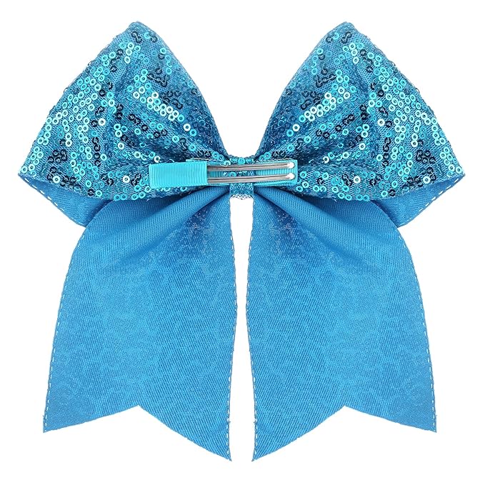 Large Glitter Cheer Bows Clips, Jumbo Big 7 Inch Cheerleading Sequin Hair Bow Hair Accessories for Teens Girls Football Sports Cheerleader Outfit Uniform (Blue)