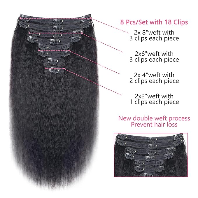 Kinky Straight Clip in Hair Extensions Real Human Hair Clip ins Natural Black Double Weft Clip ins for Women 12 Inch 120g 8pcs Kinky Straight Clip on Extensions Human Hair