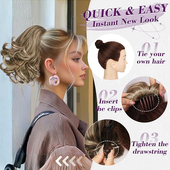 BARSDAR Drawstring Ponytail Extension - 10 Inch Short Wavy Highlight Ponytail Extensions for Women - Synthetic Comb Clip in Ponytail Hairpieces Fake Pony Tails - Medium Brown with Highlights