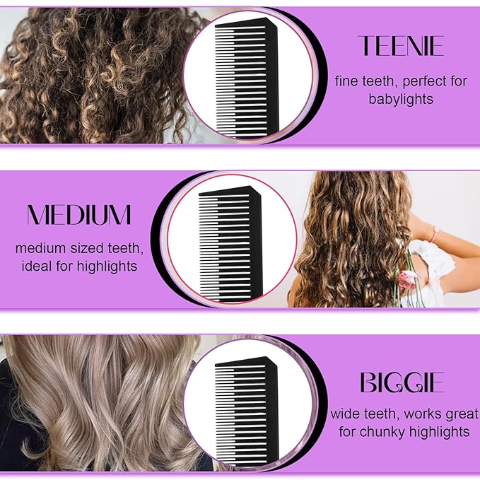 3Pcs Highlighting Comb Professional Hair Dye Combs 3 Sizes Highlight Comb Weaving Combs with Long Stainless Steel Rat Tail for Home and Salon(Black)