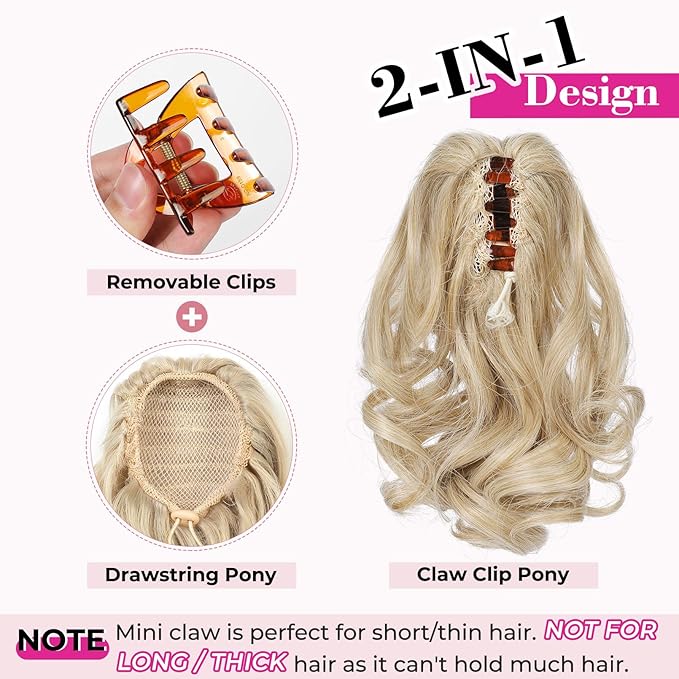 REECHO 9" Short Ponytail Extension, Classic Loose Curly Wavy Claw Clip Pony tails Hair Extensions HP001 Hairpieces for Women - Platinum Blonde