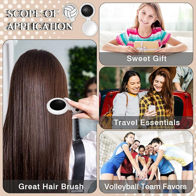 12 Pcs Volleyball Mini Detangler Brush, Folding Mirror Hair Brushes, Mini Travel Hair Brush, No Tangle Soft Flexible Bristles for Straight, Curly, Thick Hair for Volleyball Team Gift Sport Party