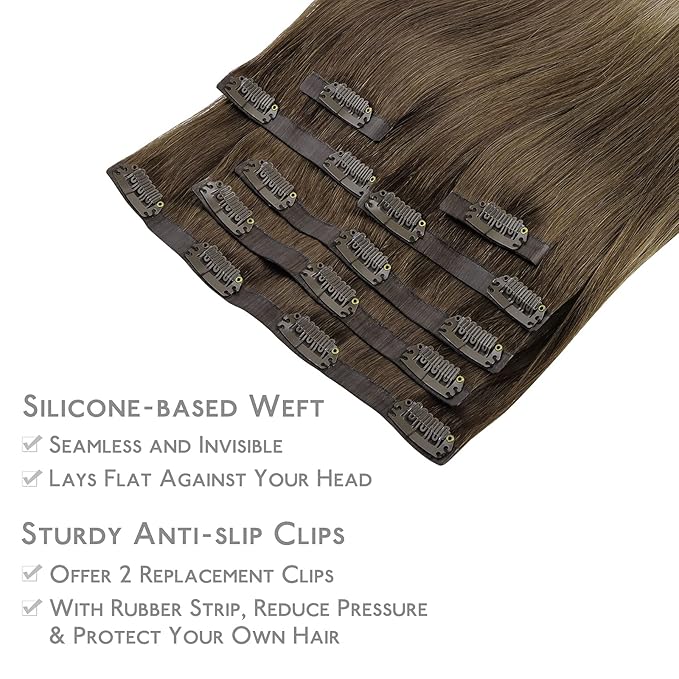 WENNALIFE Seamless Clip In Hair Extensions, 20 Inch 7pcs 150g Ombre Walnut Brown to Ash Brown and Bleach Blonde Real Human Hair Extensions