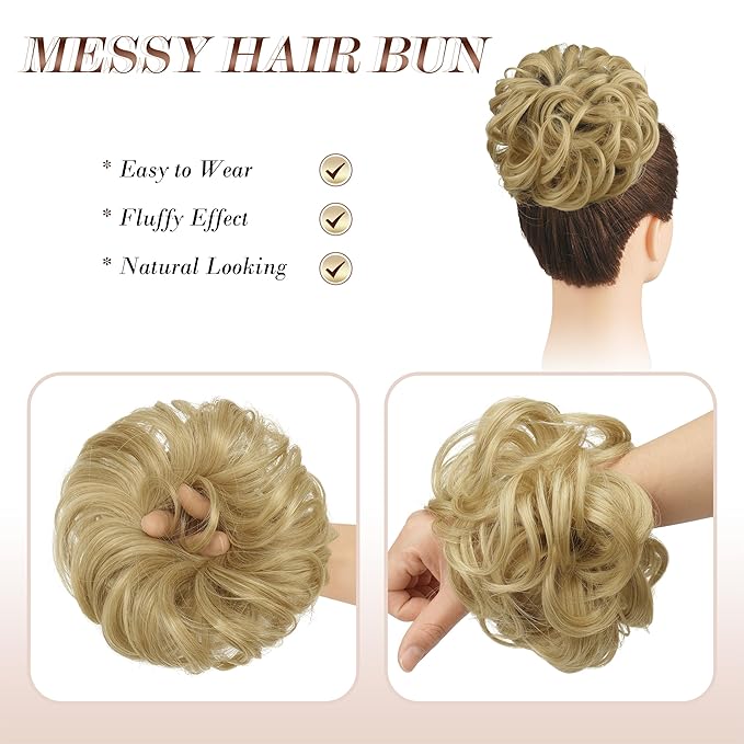 FESHFEN Messy Bun Hair Piece - Elastic Wavy Curly Hair Bun Scrunchies Extensions Synthetic Chignon Hairpieces for Women Girls, Light Golden Blonde 1.5 oz