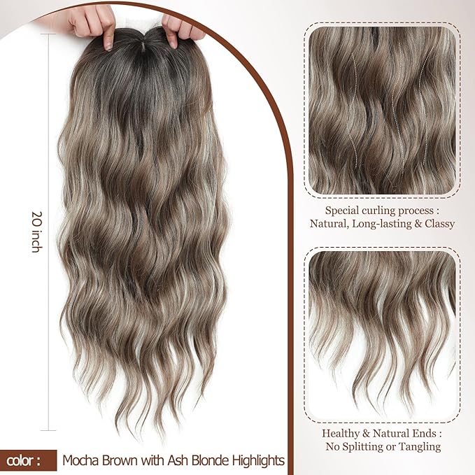 MORICHY Hair Toppers for Women Clip in Hair Topper with Bangs 20inch Mocha Brown with Blonde Highlights Long Wavy Curly Synthetic HairPieces for Women