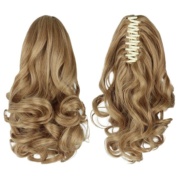 Ponytail Extension, Clip on Ponytails for Women, 12" Claw Clip in Short Curly Wavy Pony Hair Extension for Women - Blonde