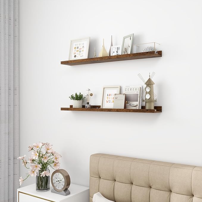 Picture Ledge Shelf, Wood Floating Shelves Set of 2, 36 inch Picture Ledge Shelves, Photo Ledge Nursery Book Shelves Wall Mounted for Living Room Kids' Room Bedroom, Color Brown