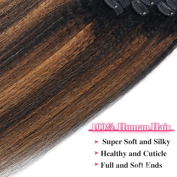 Kinky Straight Clip in Hair Extensions Real Human Hair For Women Highlight Hair Extensions Kinky Straight Clip ins (24inch,T1BP1B/30)