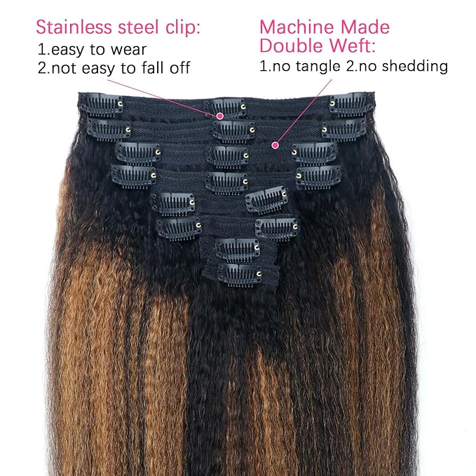 Kinky Straight Clip in Hair Extensions Real Human Hair For Women Highlight Hair Extensions Kinky Straight Clip ins (14inch,T1BP1B/30)