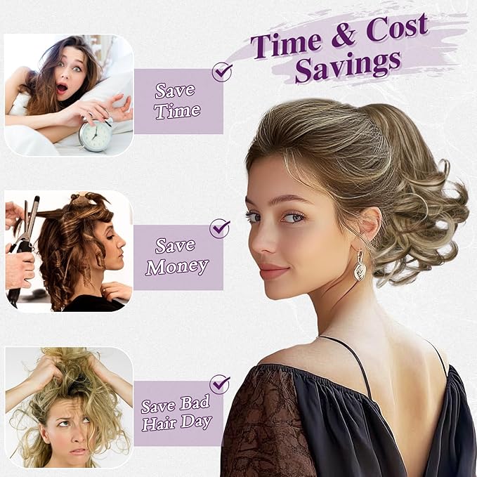 BARSDAR Drawstring Ponytail Extension - 10 Inch Short Wavy Highlight Ponytail Extensions for Women - Synthetic Comb Clip in Ponytail Hairpieces Fake Pony Tails - Medium Brown with Highlights