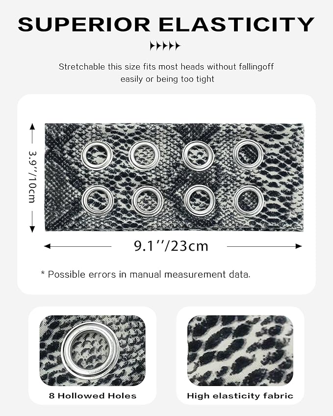 Grommet Headband for Women, Grey Snake 23cm Hollow Out Elastic Hair Band, Eyelets Punk Grunge Stylish Hairband