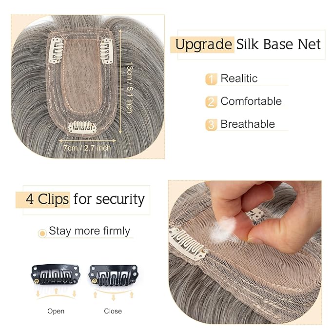 SEGO Grey Hair Toppers for Women Real Human Hair With Bangs, Salt and Pepper Hair Topper, 7 * 13 CM Silk Base Clip In Top Pieces Add Volume -12 Inch G3 Light Grey Mix