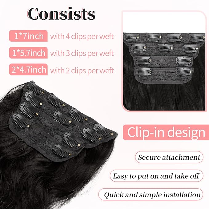 KooKaStyle Clip in Hair Extensions 4PCS Long Wavy Synthetic Dark Black Brown Fiber Double Weft Natural Thick Hairpieces 24Inch for Women