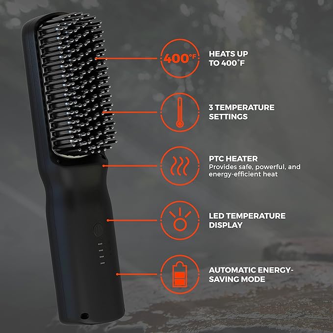 Wild Willies Beard Straightener for Men - 3 Temperature Settings, Tourmaline Ceramic Heated Beard Brush & Hot Comb - Portable, Ionic Technology, Coarse & Curly Hair, 400F - Grooming Tool