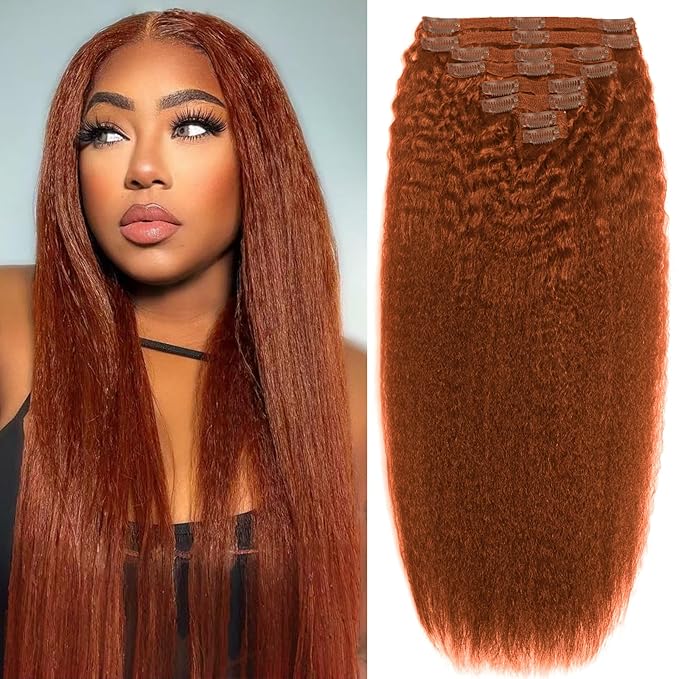 16inch 110g Clip in Hair Extensions Real Human Hair Copper Kinky Straight Clip Ins Seamless Natural and Soft Hair Clip on Hair Extensions for Women Thick End 8pcs 18Cips/pack