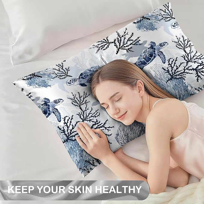 Satin Pillowcase 1 Pack-Nautical Turtle and Corals Silky Pillow Cover for Hair and Skin,Standard Size 20x26 Inch Soft Cooling Printed Pillow Cases with Hidden Zipper,Gifts for Women Men