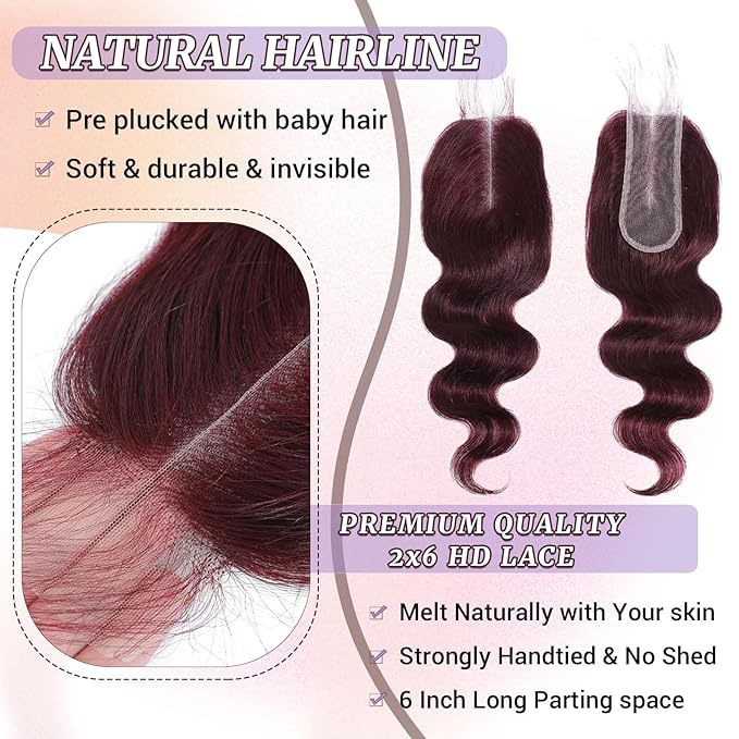 2x6 HD Lace Closure Human Hair Body Wave 99J Burgundy Dark Red Wine Color Transparent Lace Closure 2x6 Long Deep Middle Part 100% Raw Virgin Human Hair 12 Inch 150% Density