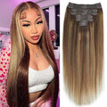 #4/27/4 Highlight Yaki Straight Clip in Hair Extensions Real Human Hair Omber Clip ins For Women Yaki Straight Clip on Hair(12inch,#4/27/4)