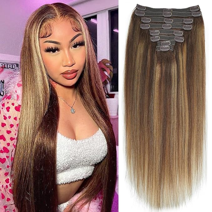 #4/27/4 Yaki Straight Clip in Hair Extensions Real Human Hair Omber Clip ins For Women Yaki Straight Clip on Hair(20inch,#4/27/4)