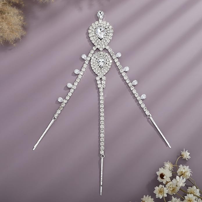 YERTTER Wedding Silver Rhinestone Head Chain With Clip Jewelry Forehead Tassel Fringe Headband Headpiece Crystal Chain Headband Hair Accessories for Women Brides Prom Costume(Silver 2)
