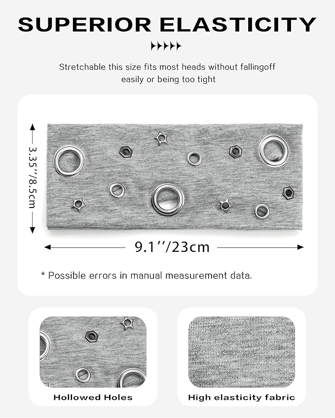 Grommet Headband for Women, Grey Star 23cm Hollow Out Elastic Hair Band, Eyelets Punk Grunge Stylish Hairband
