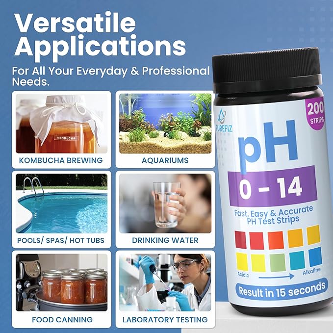 pH Test Strips 0-14 | 200 Universal Strips for Fast, Accurate pH Testing | Litmus Paper for Water, Pools, Kombucha, Food, Soap Making, Skincare, Brewing, Hydroponics, Science, Fermentation & Canning