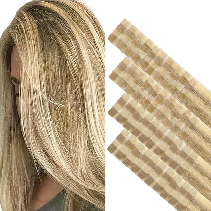 GOO GOO Invisi Edge Tape in Hair Extensions Human Hair, 16/22 Light Blonde Highlighted Golden Blonde 20pcs injected with 20pcs classical tape ins, 10inch 60g, Virgin Remy Hair, Natural Look