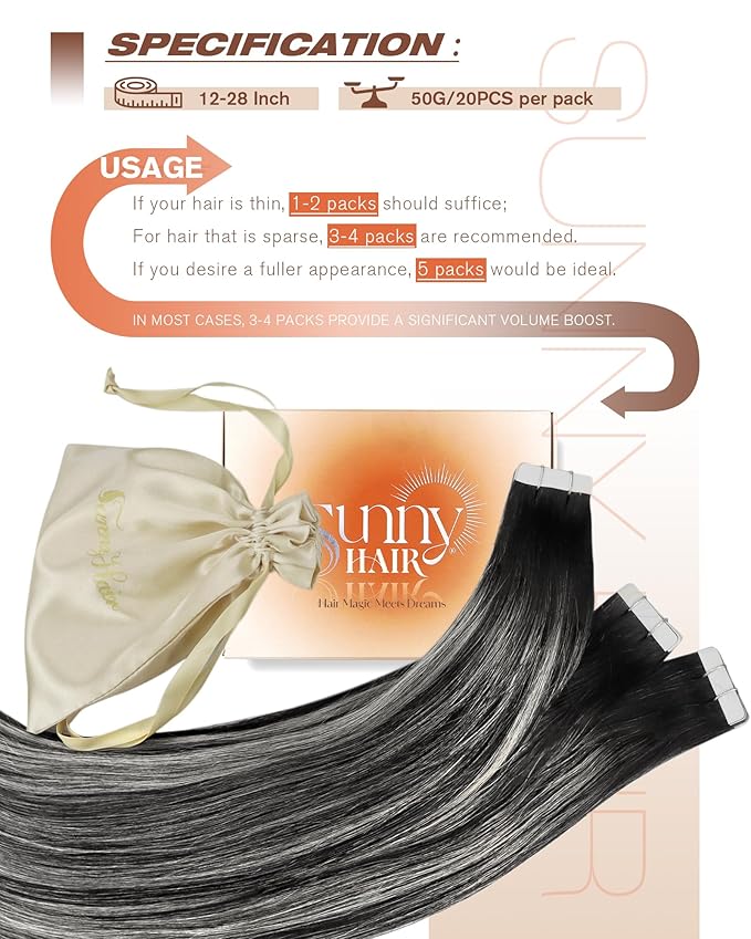 Sunny Hair Tape in Hair Extensions Real Human Hair Invisible Remy Hair Extensions Tape ins for Women Natural Black Roots to Silver Grey Balayage 22 inch 20Pcs 50G