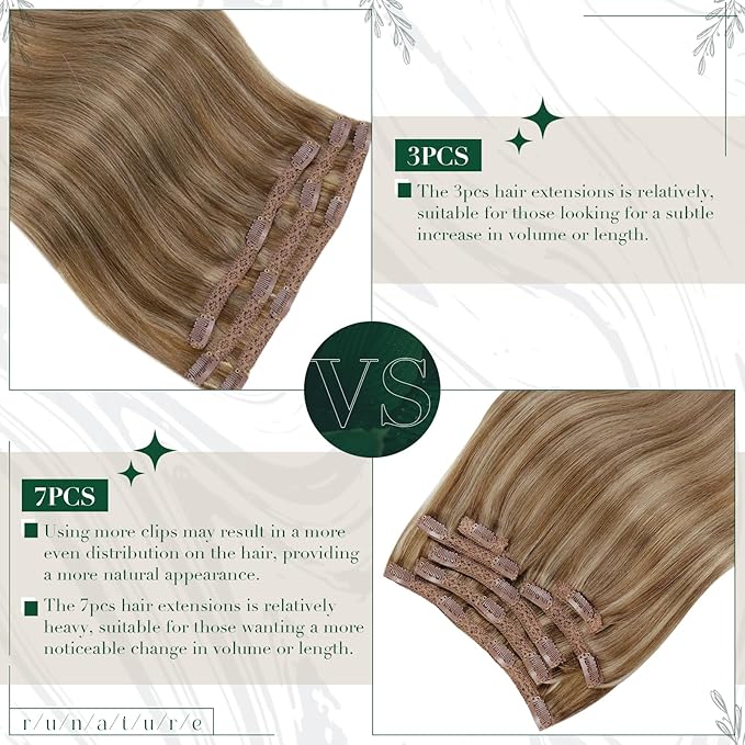 RUNATURE Human Hair Clip in Extensions, Real Hair Extensions Clip Ins, Straight Clip in Hair Extensions, Add Hair Volume, Full Ends, 12 Inch 50g 3pcs #10P16 Caramel Blonde Highlights