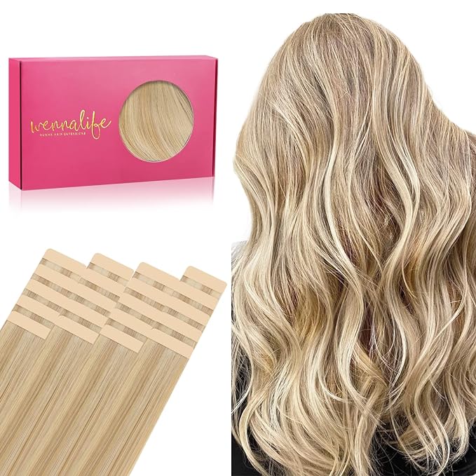 WENNALIFE Tape in Hair Extensions Human Hair, 20pcs 40g 12 inch Light Blonde Highlighted Golden Blonde Remy Hair Extensions Straight Human Hair Tape in Extensions Skin Weft Tape Extensions Human Hair