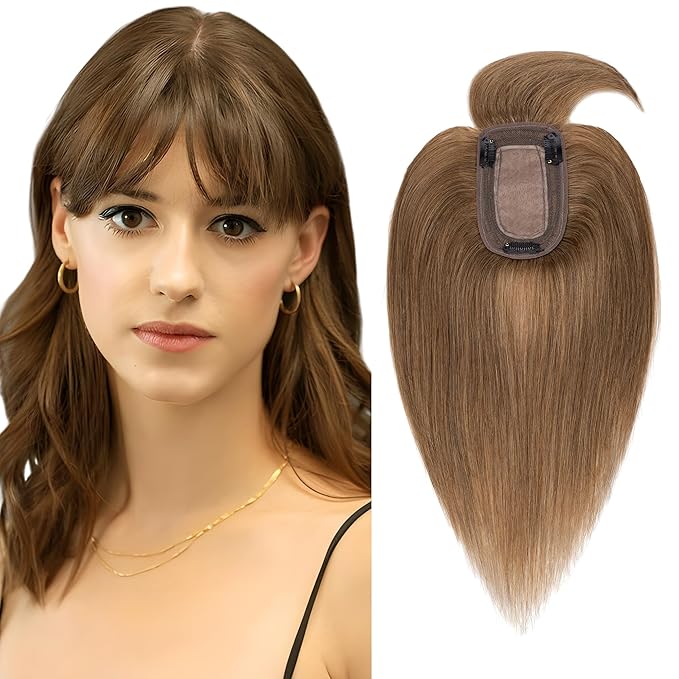 SEGO Hair Toppers for Women Real Human Hair with Thinning Hair, Toppers Hair Pieces Clip in Toppers Straight Hair Pieces with Front Bangs 150% Density Silk Base -10 Inch #6 Light Brown