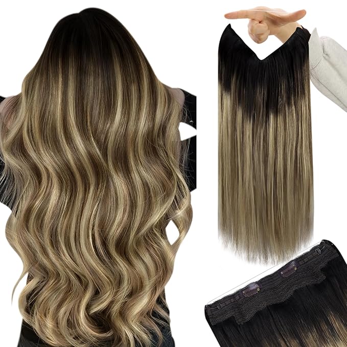 YoungSee 130G Wire Hair Extensions Real Human Hair Brown Balayage Human Hair Wire Extensions Dark Roots to Medium Brown with Blonde Headband Hair Extensions for Women 20In