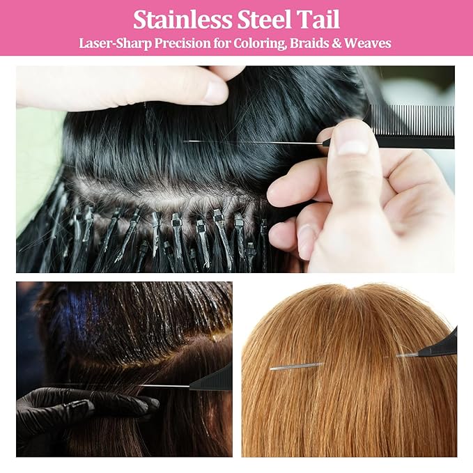 16 Pack Rat Tail Combs Set Stainless Steel Pintail Comb, Professional Rat Tail Combs for Styling, Sectioning & Hair Coloring for Salon & Home Use
