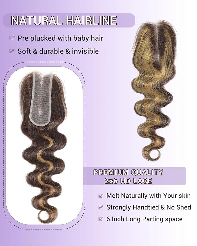Body Wave 2x6 HD Lace Closure Highlight Yellow Golden Blonde On Chocolate Brown Color Human Hair Transparent Lace Closure 2x6 Long Middle Part 100% Raw Virgin Human Hair 12 Inch 150% Density