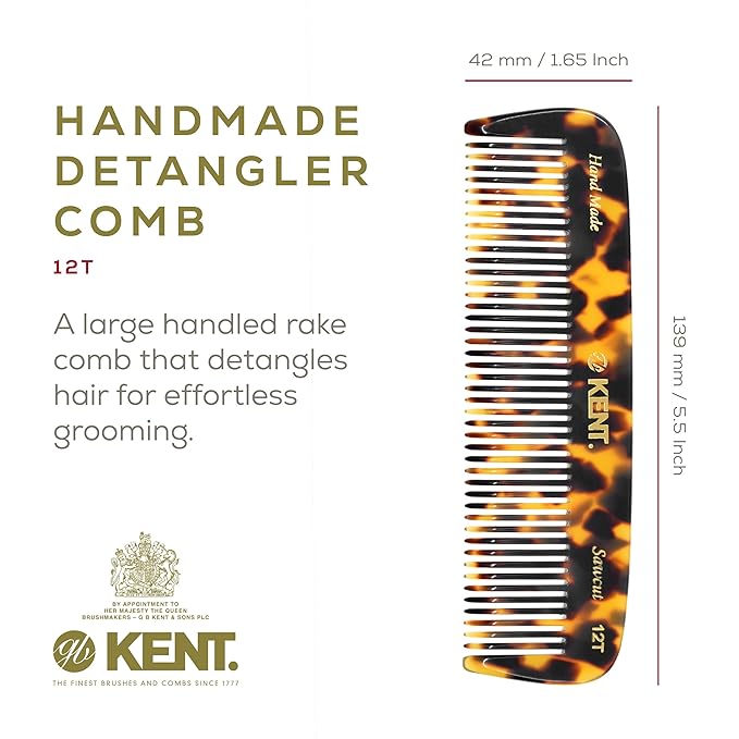 Kent 12T TY Wide Tooth Detangling Comb - Handmade Pocket Comb for Thick, Curly, and Wavy Hair, Grooming Beard and Mustache - Saw-Cut