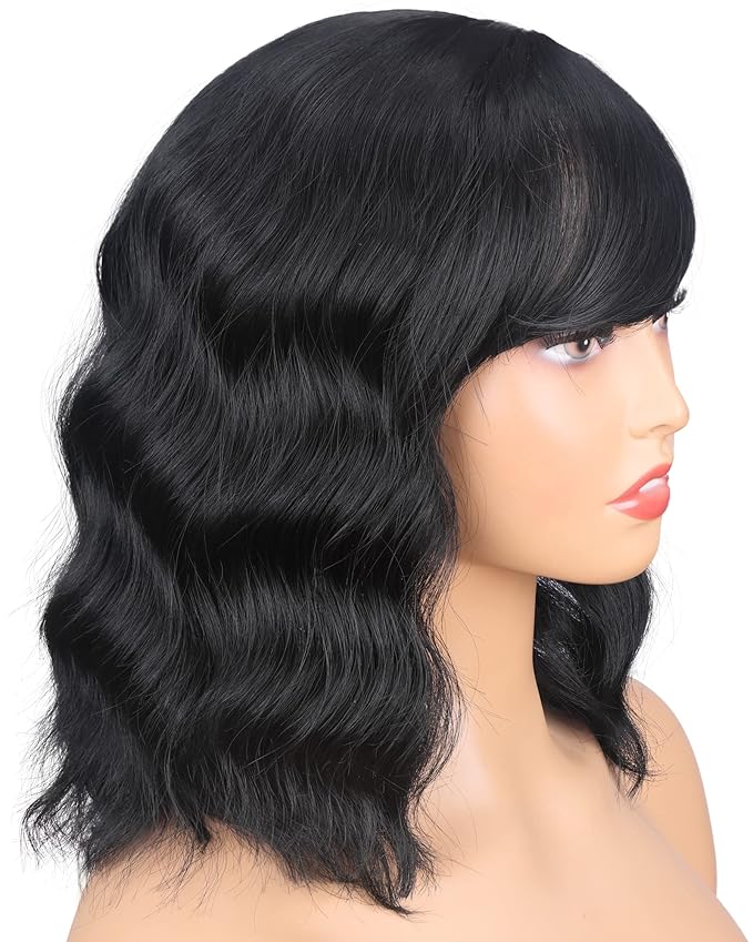 Short Wavy Wigs With Bangs 14 Inch Black Wigs For Black Women Natural Looking Soft Light Synthetic Hair Replacement Wigs Heat Resistant (14 inch,black)