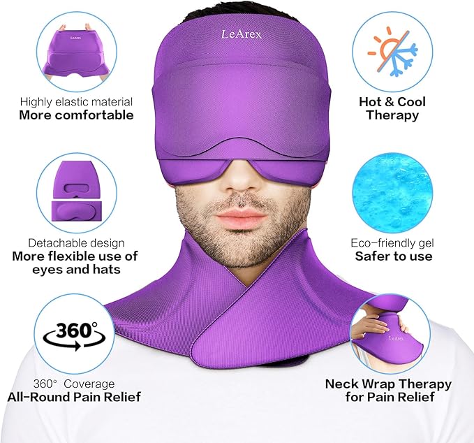 3 in 1 Migraine Relief Cap Neck Ice Pack Wrap Gel and Ice Eye Masks, Detachable Ice Caps with Eyes Masks, Hot and Cold Therapy for Relief of Headaches, Stiff Neck and Eye Fatigue (Purple)