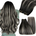 YoungSee Weft Hair Extensions Black Balayage Sew in Hair Extensions Real Human Hair Natural Black and Silver Balayage Human Hair Weft Extensions for Short Hair 70G 14Inch