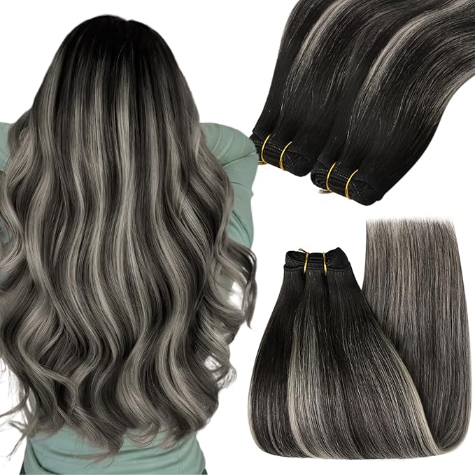 YoungSee Weft Hair Extensions Black Balayage Sew in Hair Extensions Real Human Hair Natural Black and Silver Balayage Human Hair Weft Extensions for Short Hair 70G 14Inch