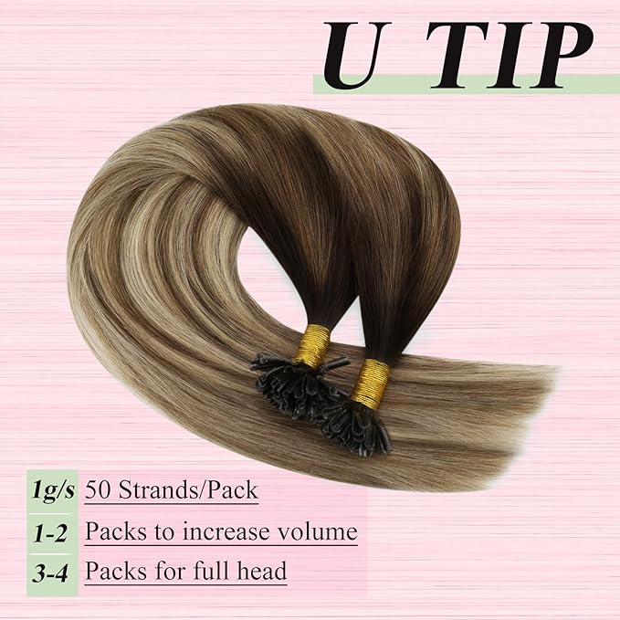 YoungSee U Tip Hair Extensions Human Hair Balayage 14In Utip Remy Hair Extensions Ombre Dark Brown to Brown with Blonde 50s/50g