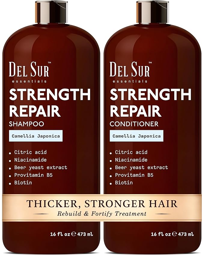 DEL SUR Hair Strengthening Shampoo and Conditioner Set | 16 fl oz Each | with Camellia Japonica, Niacinamide, Provitamin B5 & Biotin | Repair & Hydration for Dry, Weak Hair
