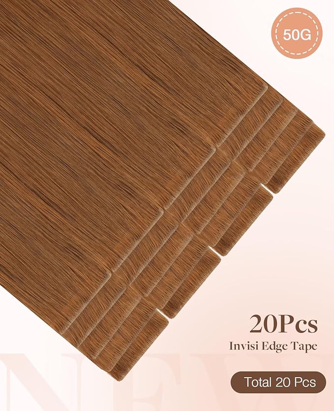 GOO GOO Invisi Edge Tape in Hair Extensions Human Hair, 350 Copper, 20pcs 18inch 50g, Virgin Remy Hair, Seamless Injected Tape, Natural Look