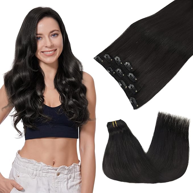 GOO GOO Clip in Hair Extensions Real Human Hair, Remy Human Hair Extensions Clip ins for Women, Natural Human Hair, 18inch 70g 4Pcs, 1B Natural black