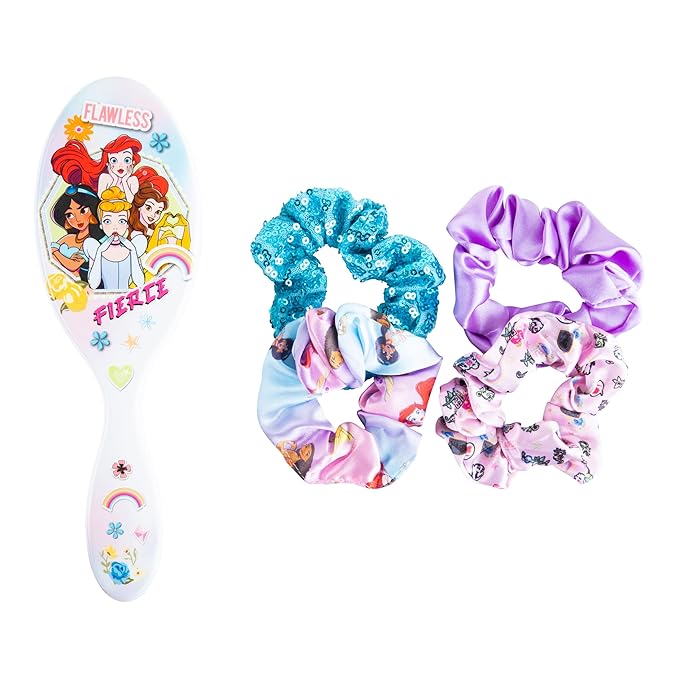 LUV HER Disney Princess Hair Accessory 5 Pcs Set - 1 Large Hairbrush + 4 Scrunchies - Accessories For Girls - Detangling Brush - scrunchies 3 +